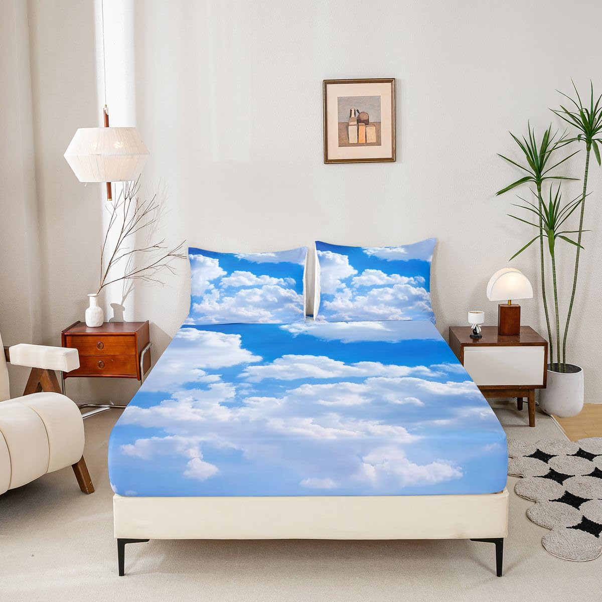Erosebridal Blue Sky and White Clouds Sheet Set Twin Size for Boys Teens, Kids Kawaii Fitted Sheet Nature Bed Sheets Soft Microfiber Top Sheet Bedroom Decor 3 Pieces with 1 Pillowcase