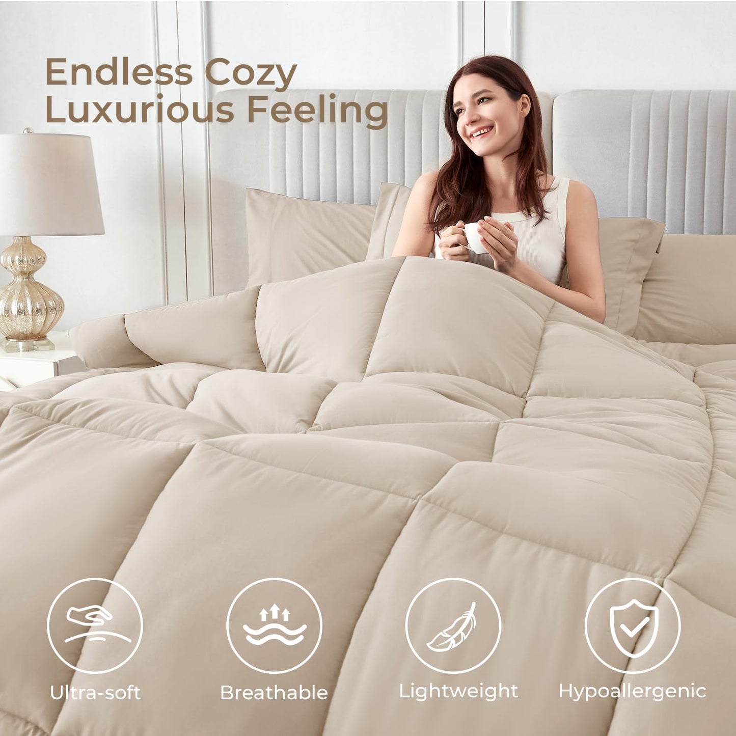 Sasttie Queen Comforter Set, Beige 7 Pieces Bed in a Bag Queen, Complete Bedding Set Includes Comforter, Flat Sheet, Fitted Sheet, Pillowcases and Pillow Shams, Beige