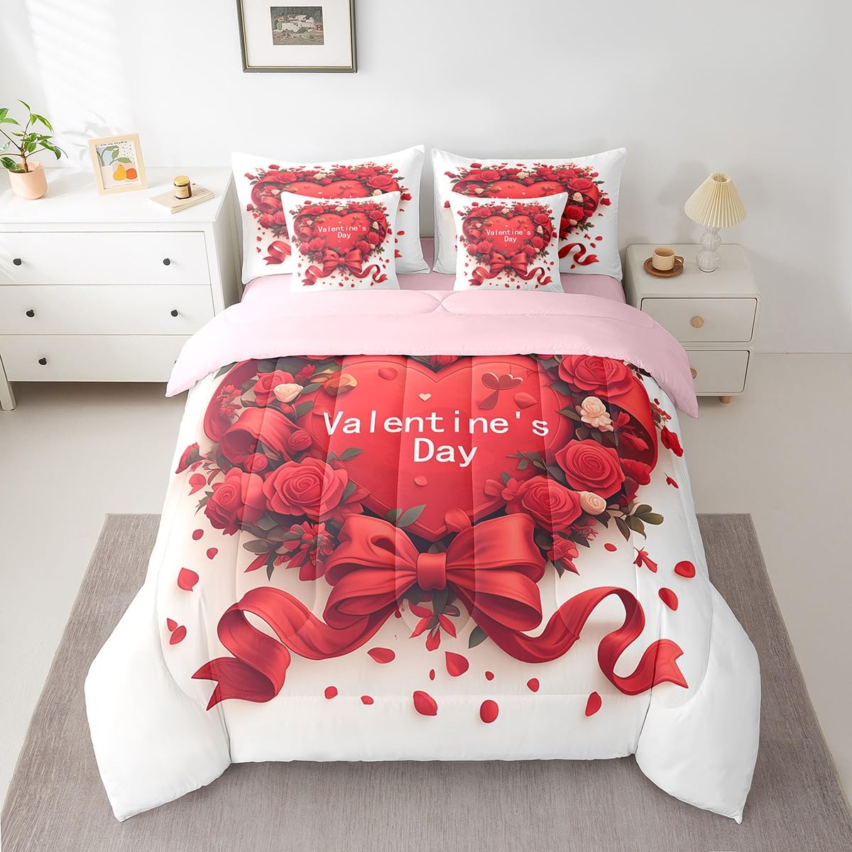 Feelyou Kids Valentine's Day Comforter Set with Sheets Queen Size, Rose 7 Pieces Bedding Set Boys Girls Romantic Bed in A Bag Red Heart Teens Bed Set Bedroom Decor 7Pcs