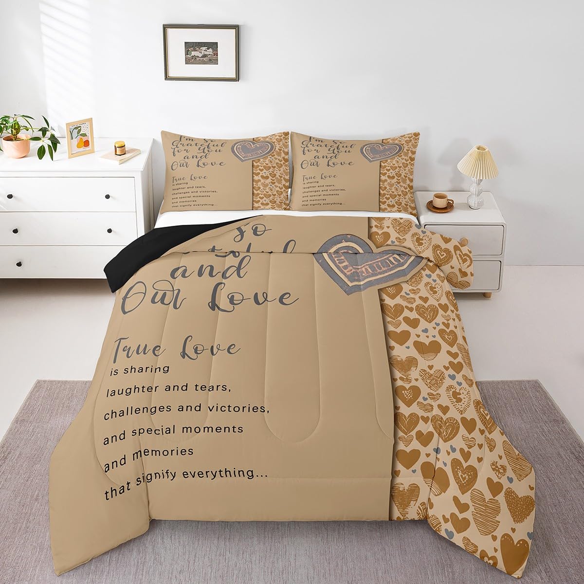 Erosebridal Gray Motto Bedding Queen,Romantic Valentine Gifts Comforter Set for Couple Lover,Love Hearts Down Comforter