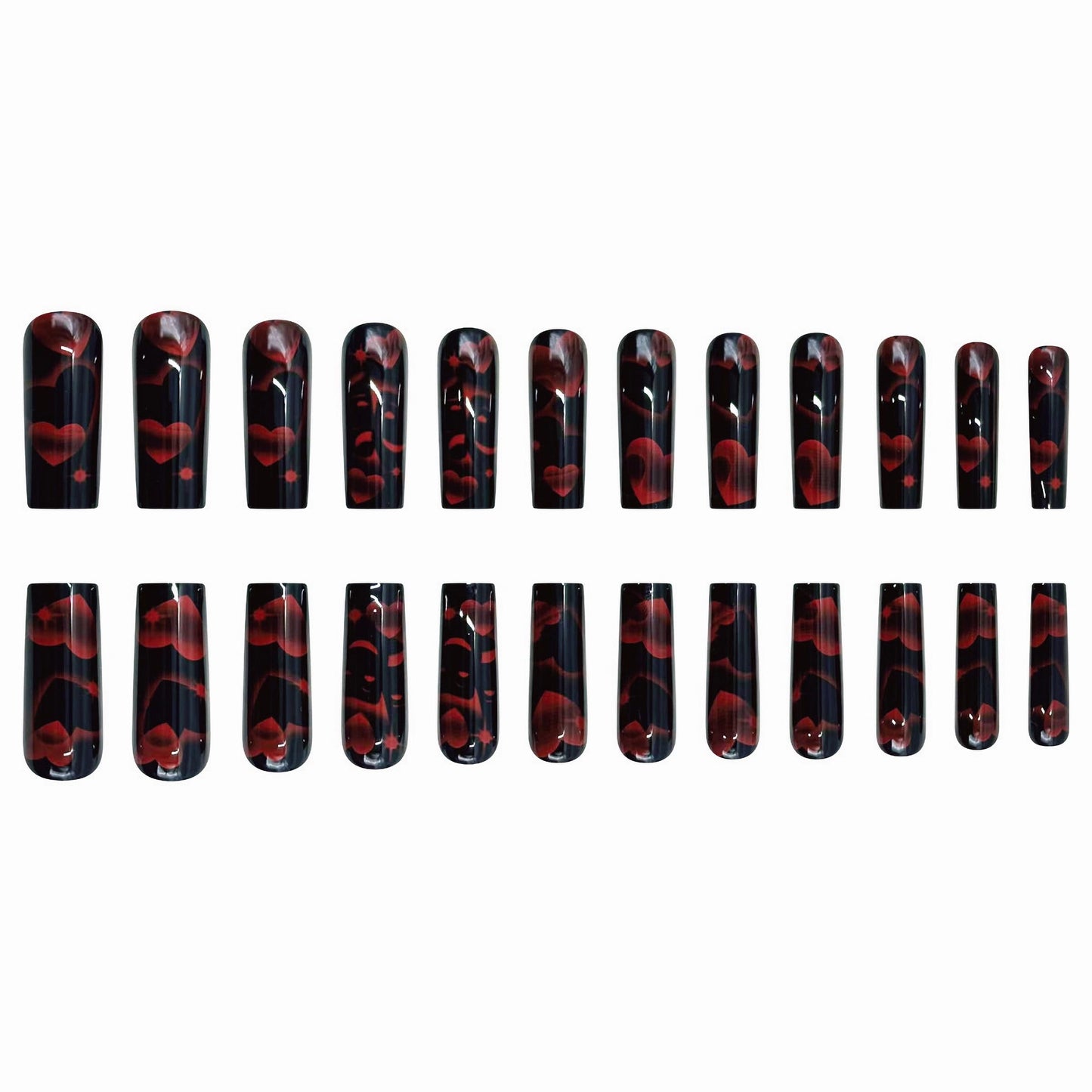 MERVF Press on Nails Long Square, Black Solid Color Fake Nails Red Heart Design Glue ons Goth Acrylic Nail Glossy 24pcs