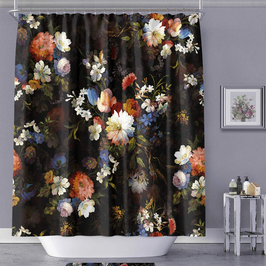 MACOFE Black Boho Floral Shower Curtain, Watercolor Flower Bathroom Decor, Waterproof & Washable Fabric Shower Curtain Set with Hooks, 72x72 Inches