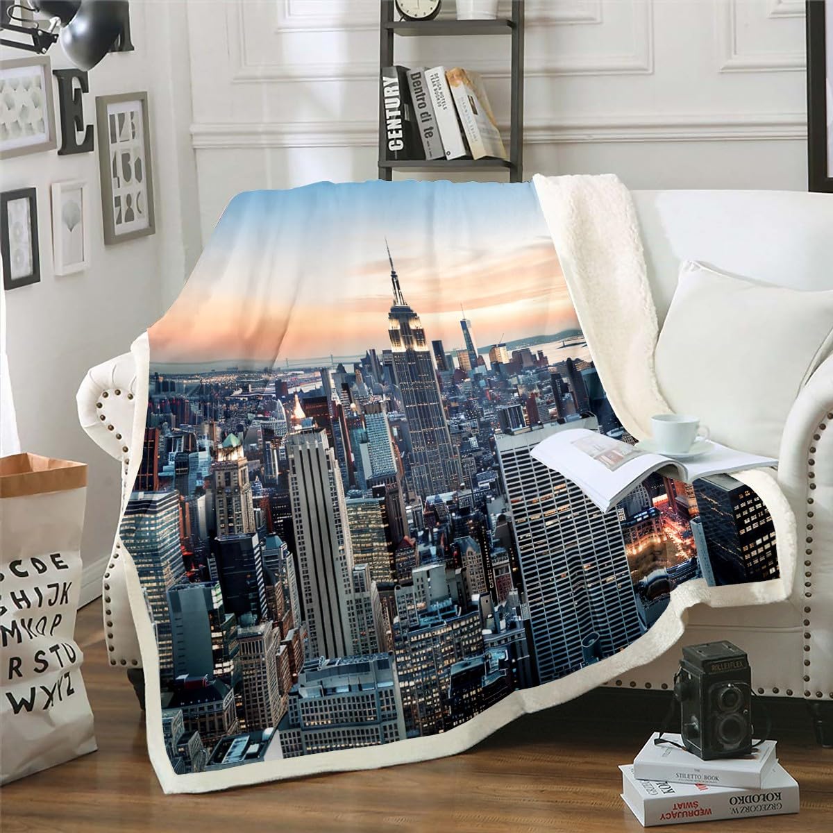 Feelyou New York Sherpa Blanket New York City Manhattan Skyline Cityscape Fleece Throw Blanket Contemporary Artistic Sunset Landscape Fuzzy Blanket for Sofa Bed Couch,Baby 30x40 Inches