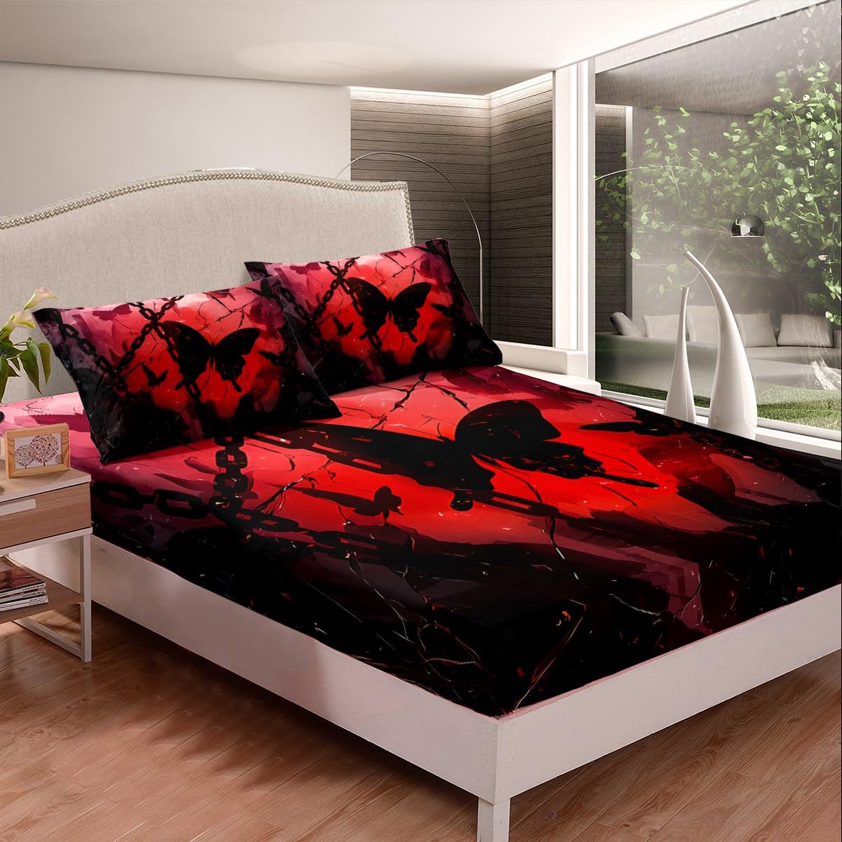 Feelyou Boys Girls Valentine's Day Bedding Set Full Size, Butterfly Bed Sheet Set Glitter Fitted Sheet Kids Romantic Teens Bed Cover Bedroom Decor Bed Set 3Pcs (No Flat Sheet)