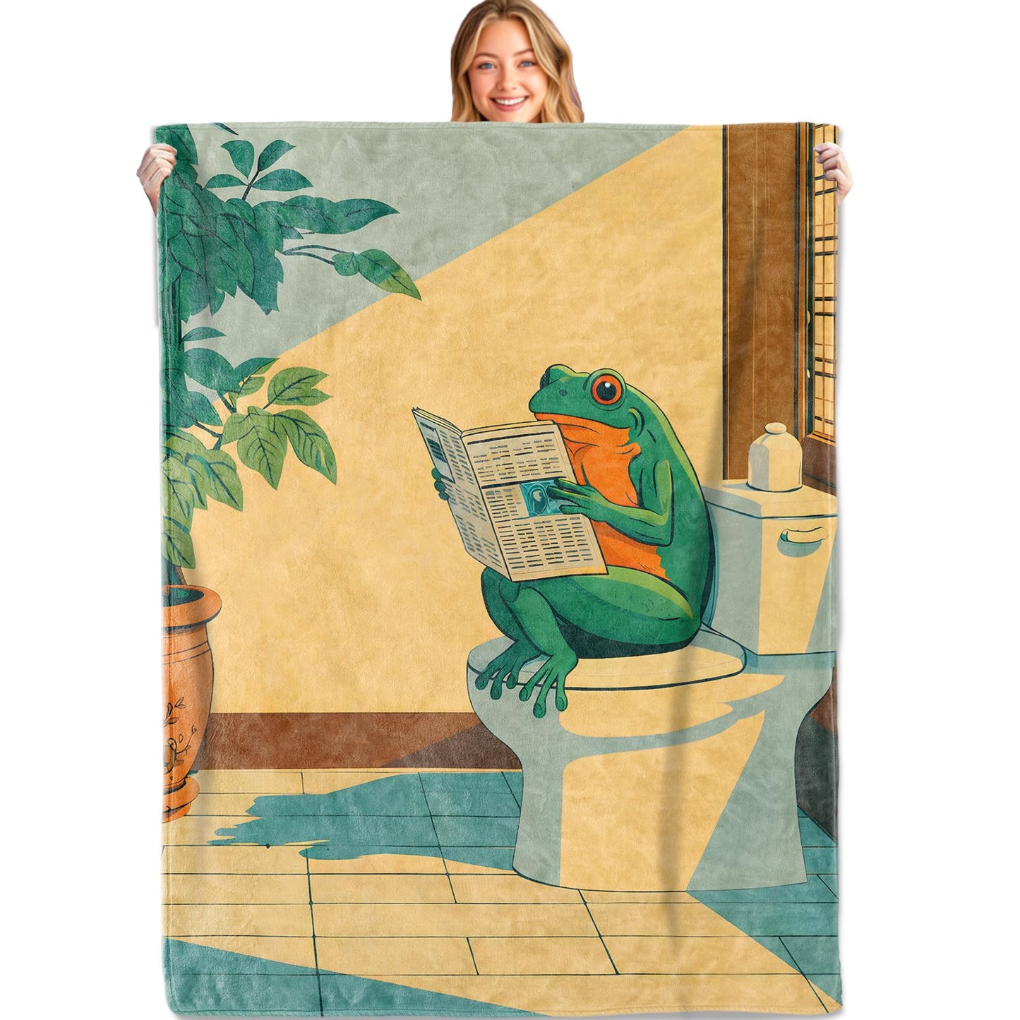 MIEPOS Funny Frog Newspaper Blanket Soft Lightweight, Retro Humor Style Flannel Throw Blankets for Couch Sofa Camping Office Travel Home Bedroom Decor, Women and Reading Lovers Gifts 60"X50"