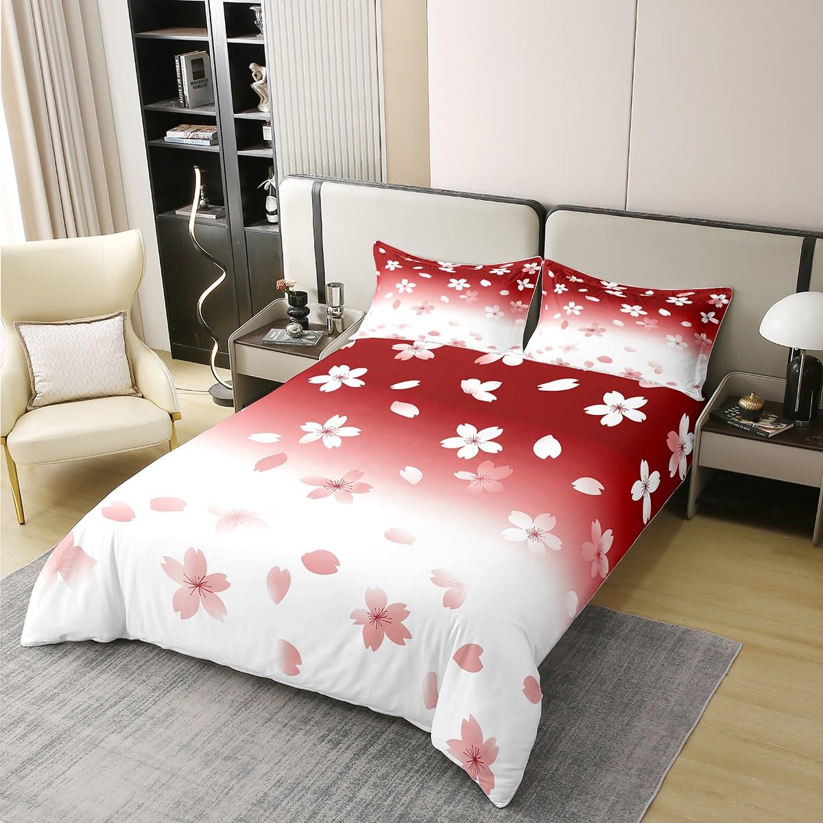Erosebridal Japanese Style Girls Comforter Cover Twin Size 100% Cotton Aesthetic Romantic Cherry Blossom Duvet Cover Green White Ombre Bedding Set Sakura Theme Spring Plants Bed Set for Kids Boys