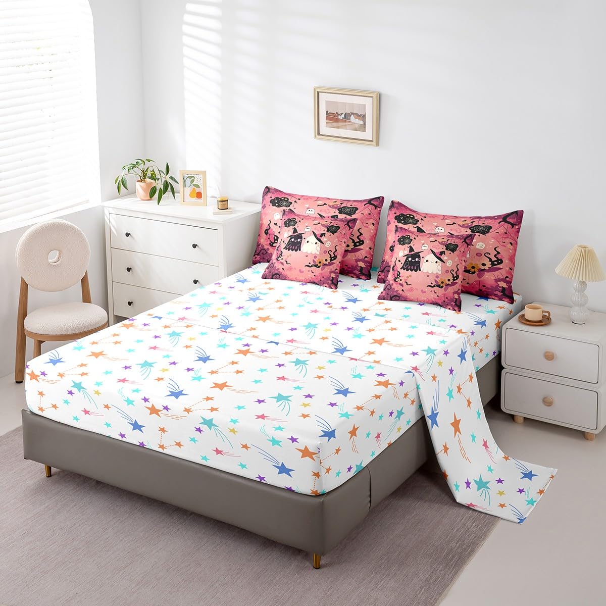 Feelyou Happy Halloween 7 Piece Bedding Set Twin Size Cute Ghost Groovy Bed in a Bag for Kids Boys Girls Teens Pink Sweet Comforter Set with Sheets Spiderweb Bed Set