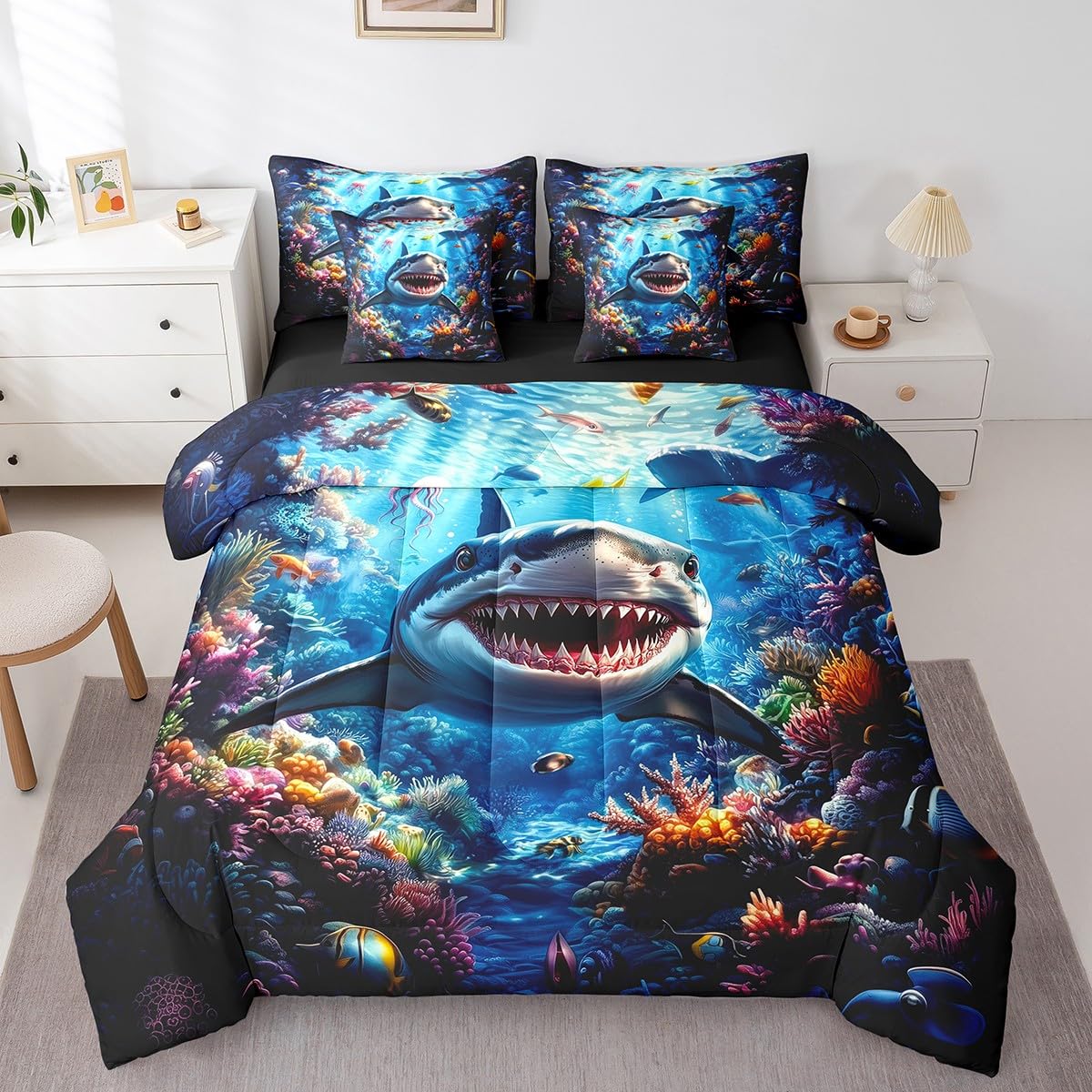 Feelyou Shark Comforter Set 7 Pieces Twin Size Kids, Ocean Sea Animal Bedding Set Boys Girls, Sea Underwater World Bed in a Bag,Comforter + Sheets + Pillowcases + Cushion Covers