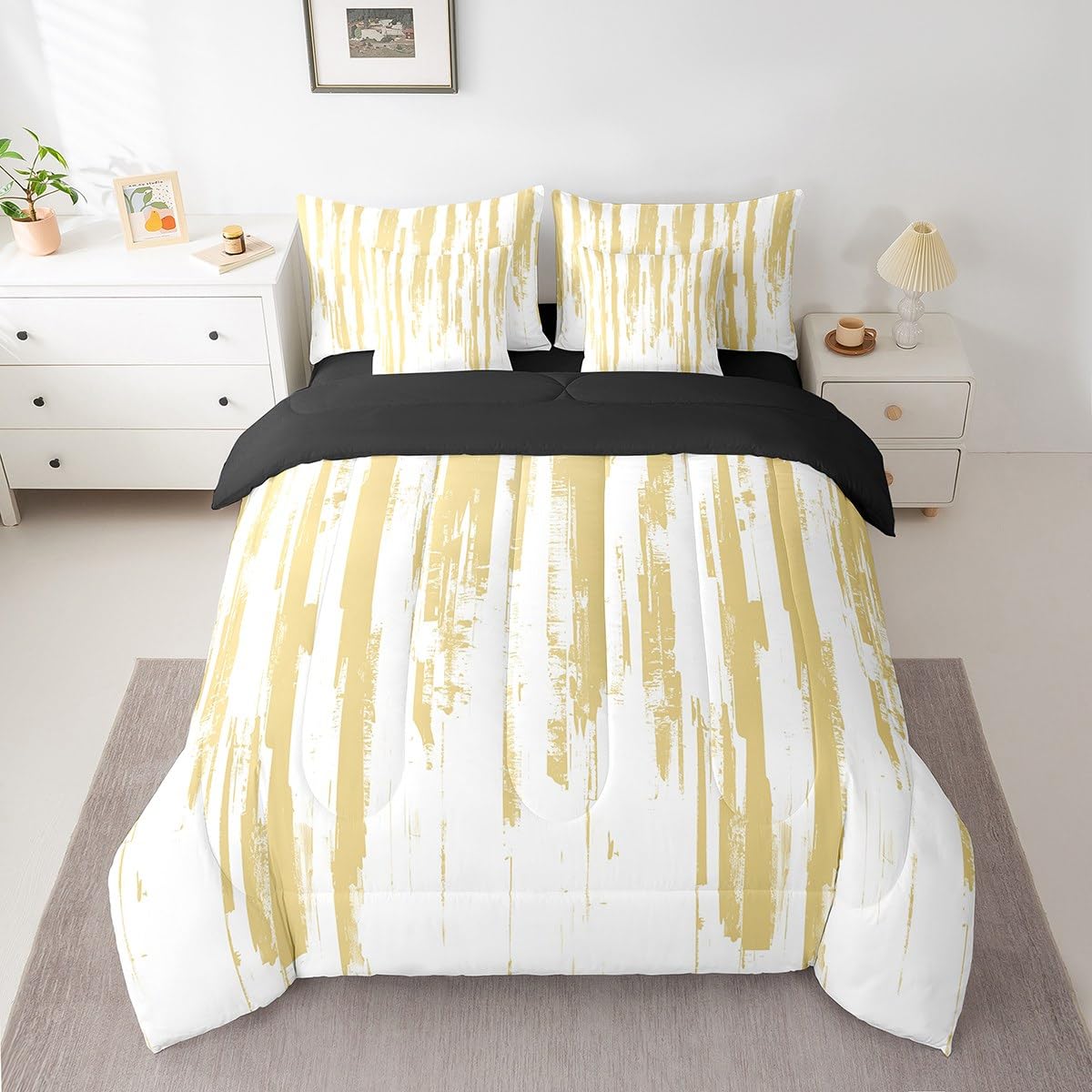 Erosebridal 7Pcs Yellow Striped Comforter Set Twin for Women Men,Modern Geometric Abstract Bedding with Bed Sheets,Gradient Art Aesthetic Bed in A Bag,Boho Graffiti Quilt Set with Pillowcases