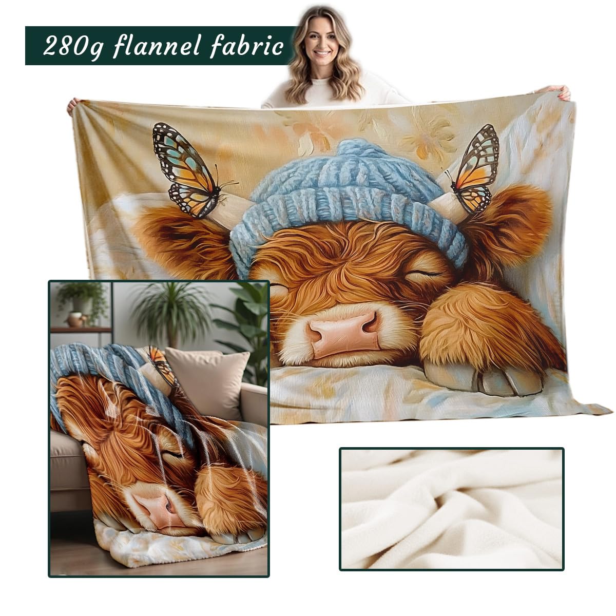 HUNXIAOJ Printed Bed Blanket Baby Highland Cow Blanket Kid Queen Size Farm Throws Cute Highland Cattle Flannel Blankets for Children Girls (49"x59")