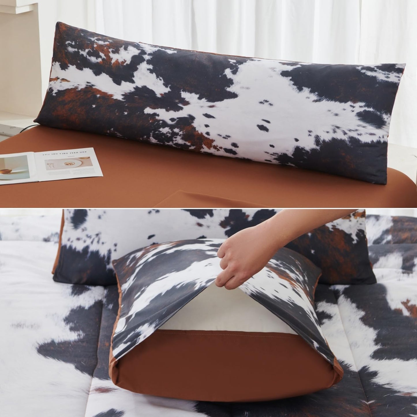SUCSES Cow Print Comforter Sets Full Size 8 Pieces Brown Bedding Set Farmhourse Western Rustic Bed Set Black and White Bed in A Bag with Flat Fitted Sheet
