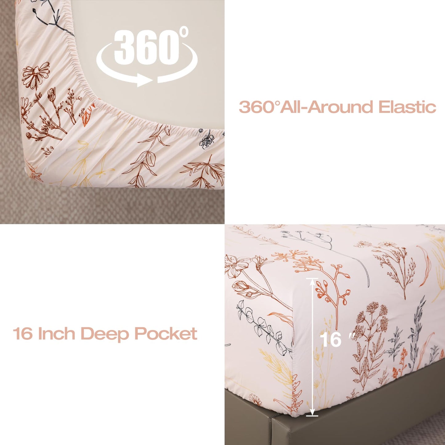Yibeizi Floral Sheet Set Queen, Boho Botanical Rustic Pattern Bed Sheets Beige Fall Bedding Sheets & Pillowcases Soft Microfiber 15" Extra Deep Pocket Fitted Bedsheet 4 Piece