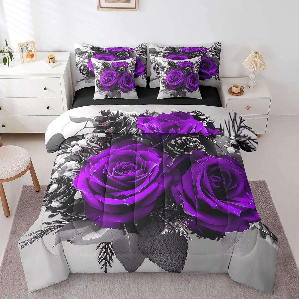 Erosebridal Rose Floral 7 Pcs Bed in a Bag Full Size,Girls Women Purple Rose Comforter Set,Romantic Botanical Flowers Fitted Sheet,Famrhouse Style Bedding,3D Printed Blossom Quilt Set Reversible