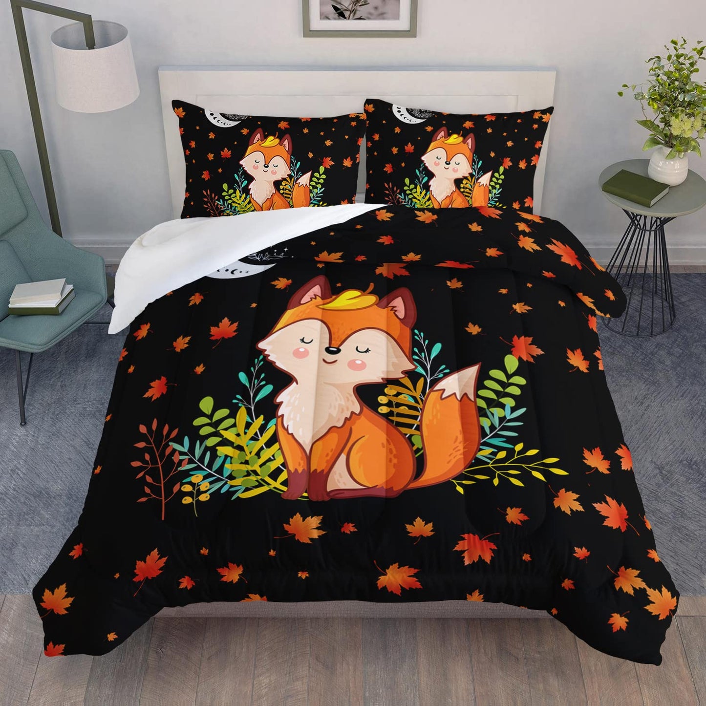 XYNHML Cartoon Fox Comforter Set 3-Pieces Cute Fox Bedding Set Moon Plants Leaves Printed Quilt Set for Kids Boys Girls with 2 Pillowcases Full