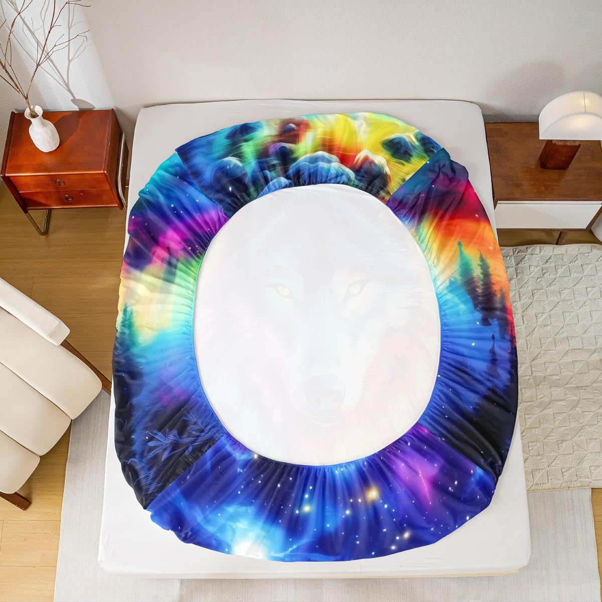 Erosebridal Wolf Full Bed Sheets Set Tribal Animal Flat Fitted Sheet Jungle Wildlife Bedding Set for Children Adult Women Men,Blue Starry Sky Natural Aurora Bedding Sets Watercolor, 2 Pillow Cases