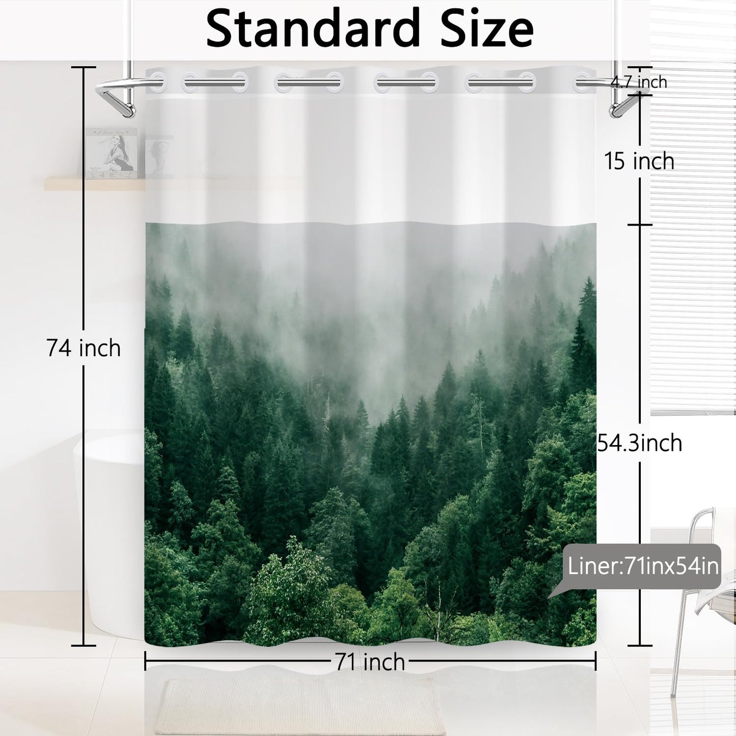 NAEMBCU Mistry Forest Shower Curtain with Snap in Fabric Liner 71x74 Inch