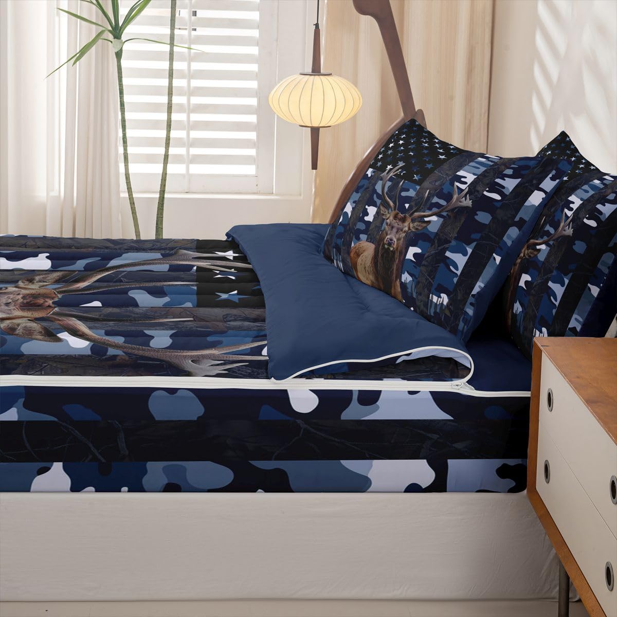 jejeloiu Deer Hunting Camo Comforter Set Twin Size Zipper Bedding Set for Girls Boys Rustic Western Deer Comforter with Fitted Sheet, Pillowcases American Flag Zipper Bedding Soft Breathable