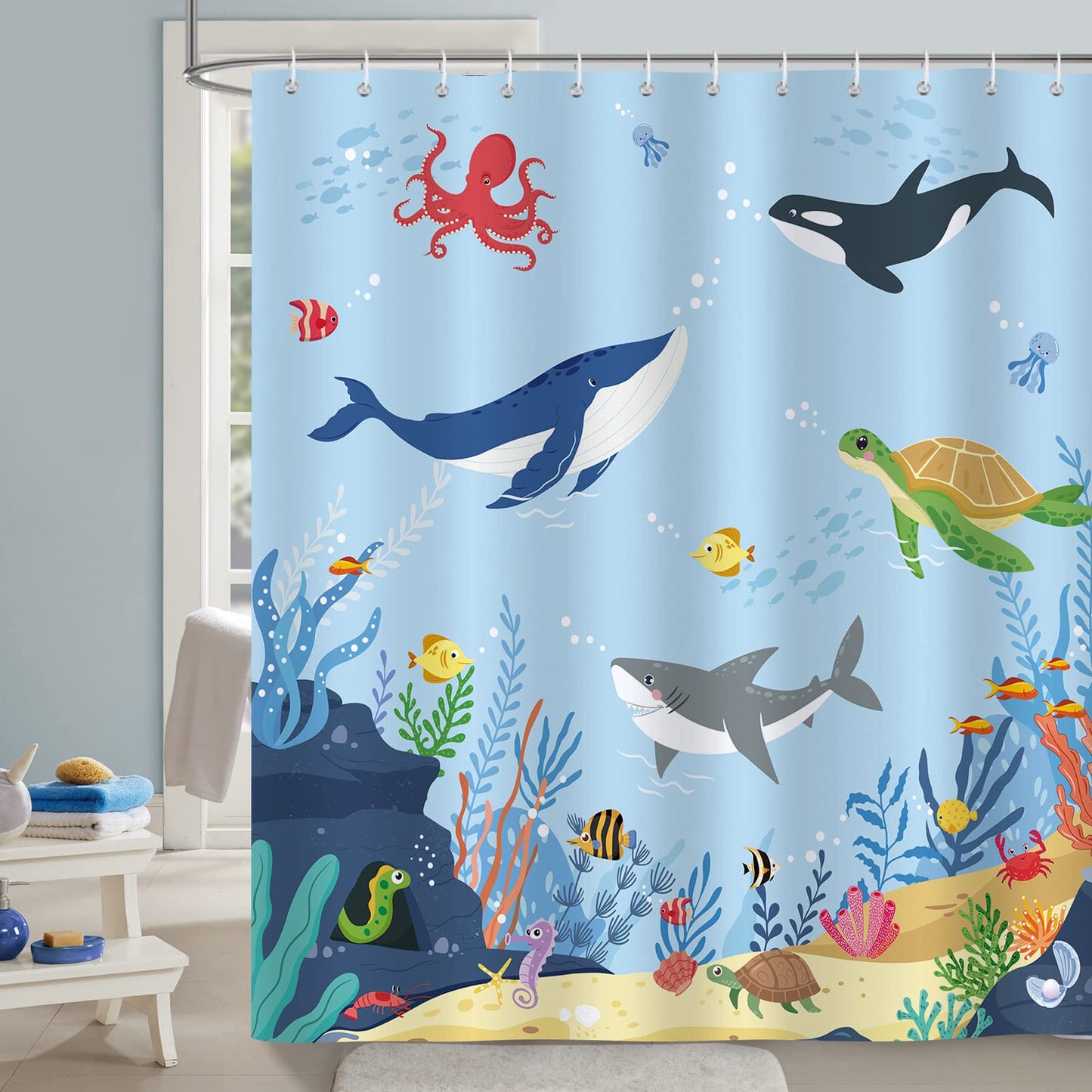 Bonhause Ocean Shower Curtain for Kids Under The Sea Dolphin Fish Blue Decorative Bath Curtain 72 x 72 Inch Polyester Fabric Waterproof Bathroom Curtain with 12 Hooks