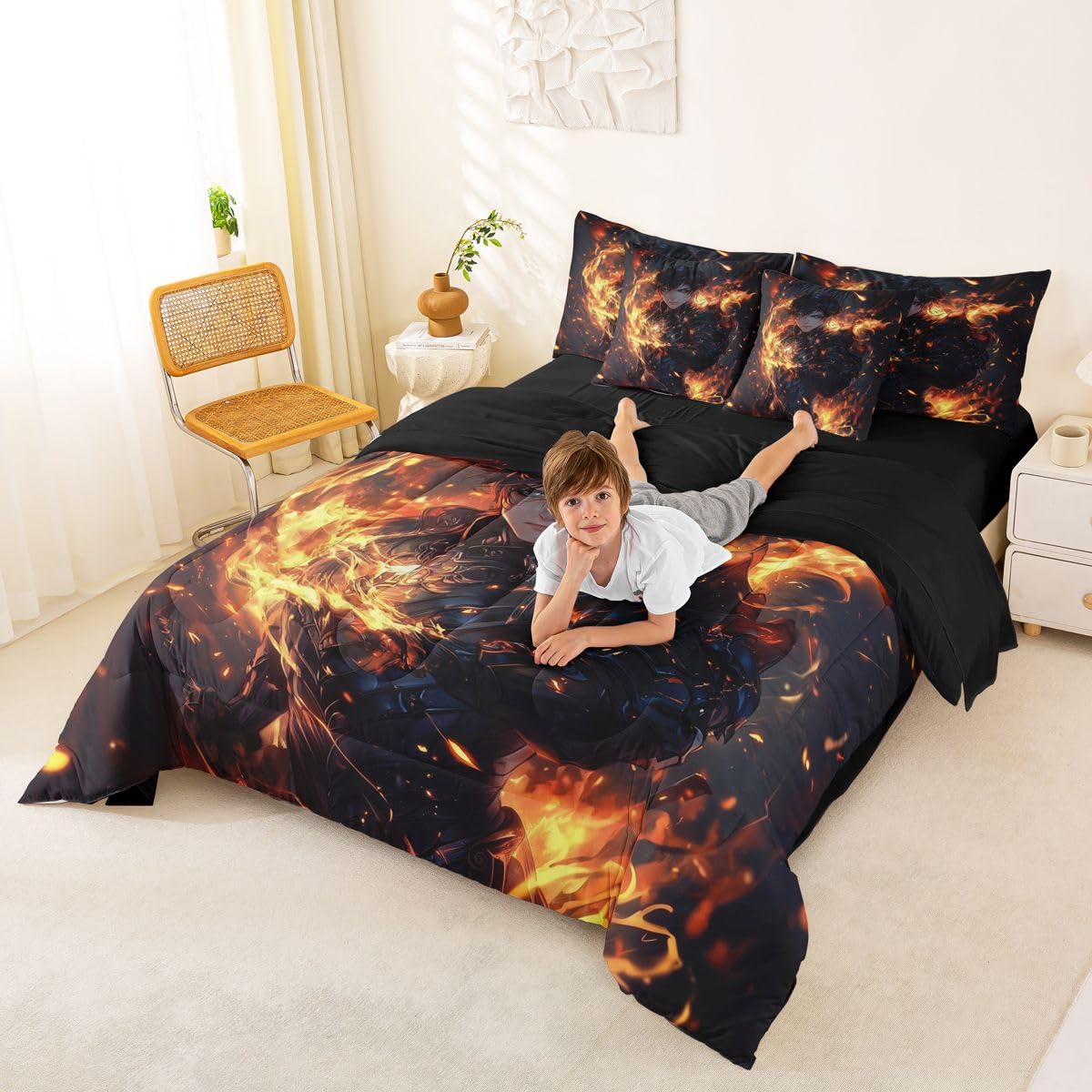 Erosebridal Japanese Anime Full Bedding Set,Anime Boy Comforter Set for Boys Kids Teens Gamer Gaming Room Decor,Video Game Style Bed Set 7 Piece with Fitted Sheet,Flat Sheet,Pillowcases