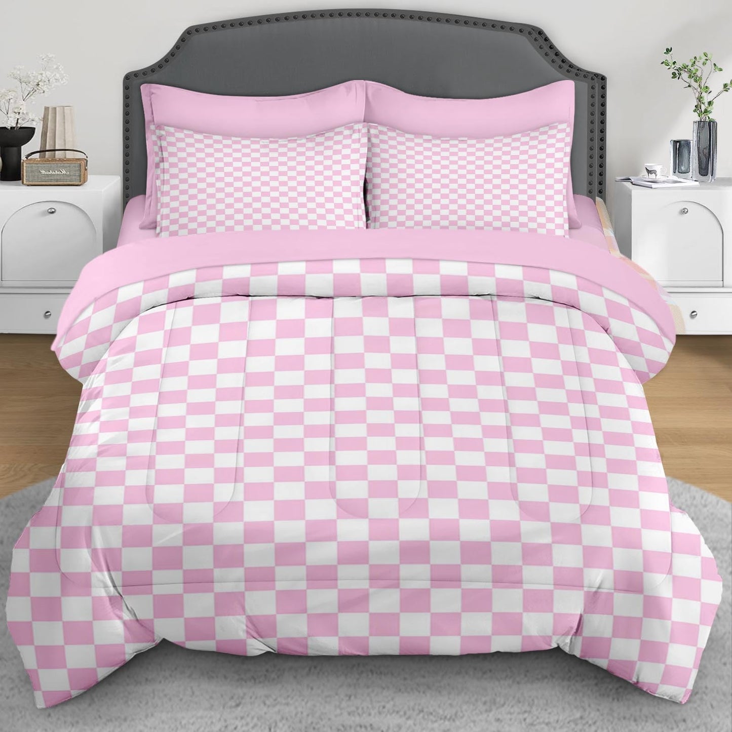 Checkerboard Grid Geometric Bean Pink Comforter Set 7 Pcs Full Size Quilt, Checkered Modern Abstract Plaid Soft Bedding Set with Flat and Fitted Sheet Pillowcases Sham for Adults Bedroom Bed Decor