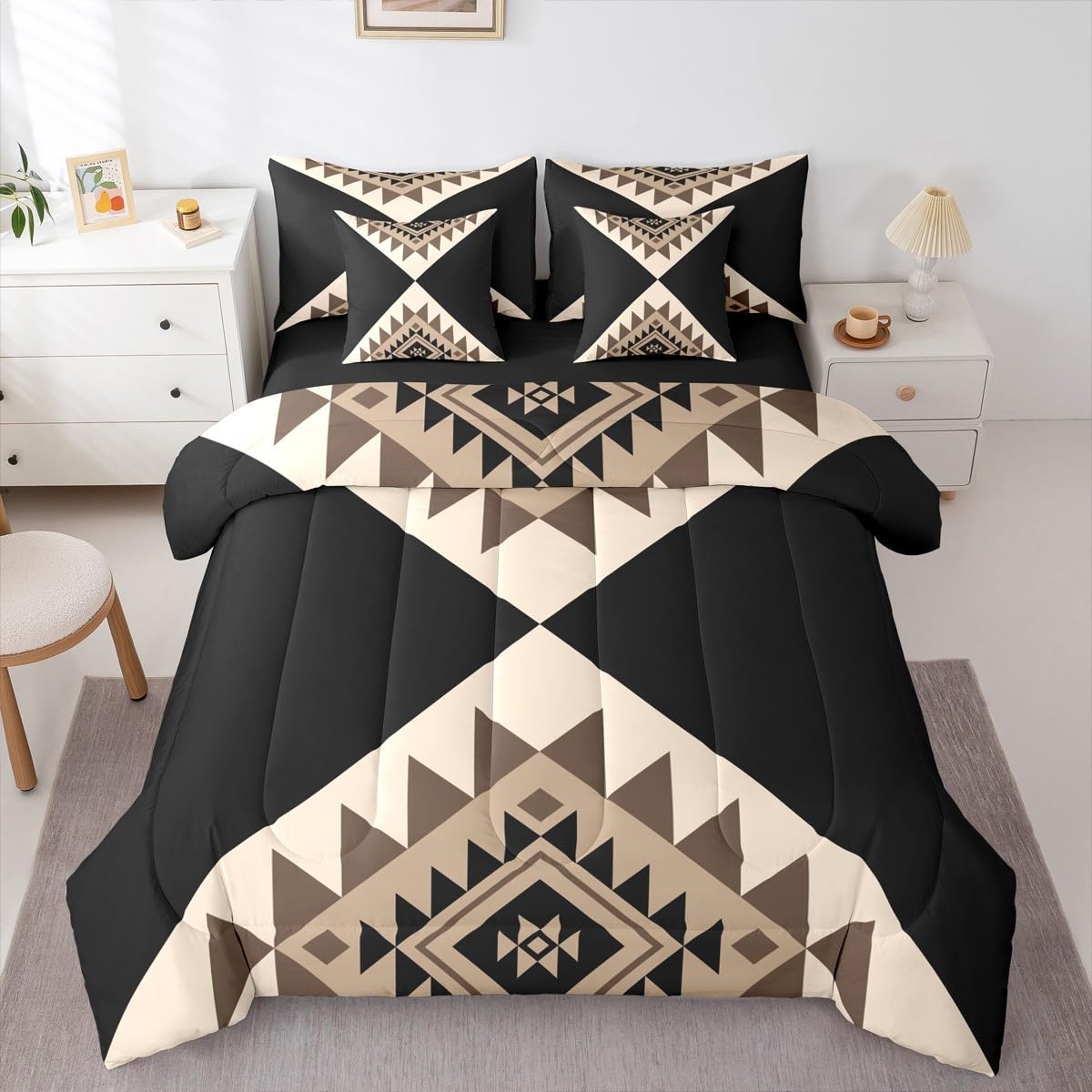 Erosebridal Black Beige Abstract King 7-Piece Bedding Set for Adult Women Men Modern Boho Western Aztec Comforter Set Geometric Stripes Bed in a Bag Stylish Art Southwestern Bed Collections