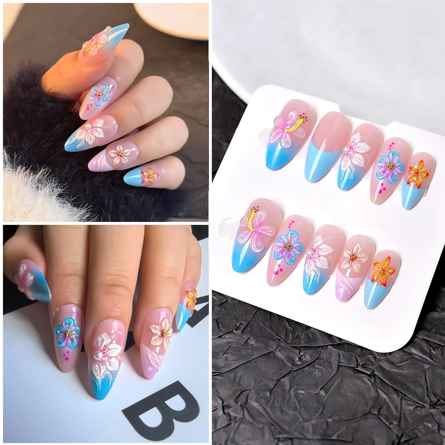24Pcs Spring Flower Press on Nails Medium Blue French Tip Fake Nails with 3D Floral & Pearl Cute Flower Acrylic Nails Gradient French False Nail Almond-Shaped Full Cover Stick on Nails for Women