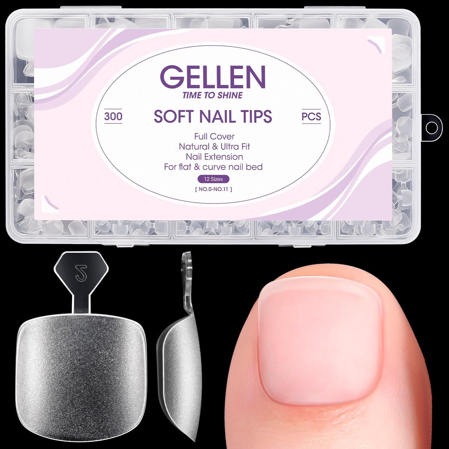 Gellen Press On Toenails 300PCS Short Square Toe Nail Tips Full Cover Matte Soft Gel Fake Toenails, 12 Sizes Clear Toe Nail Extensions with Easy Handle for Pedicure DIY Home Nail Salon