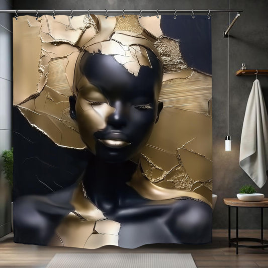 Kalmico Black Gold Woman Shower Curtain 60Wx72L Inch African American Lady Girl Vintage Art Bathroom Set Accessories Decor with 12 Pack Hooks