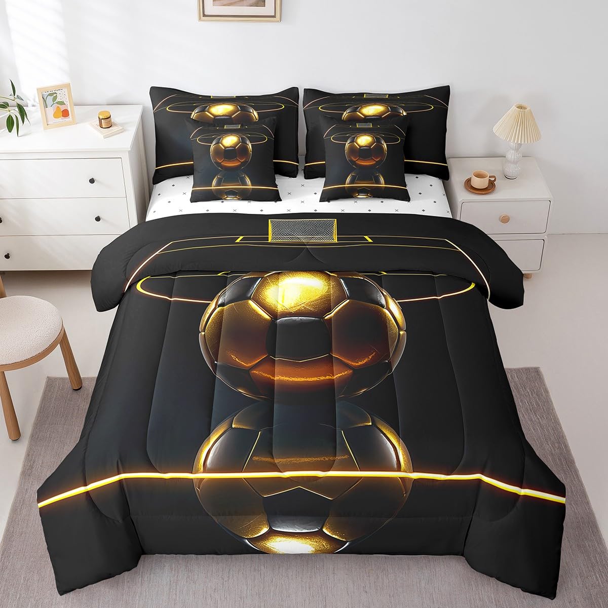 Feelyou Football Comforter Set 7 Piece Kids Luxury Black Golden Soccer Ball Bedding Full Comforter Set Boys Girls Football Sport Arena Bedding Set Bedding Full Comforter Set Bed Set Full Size Boys