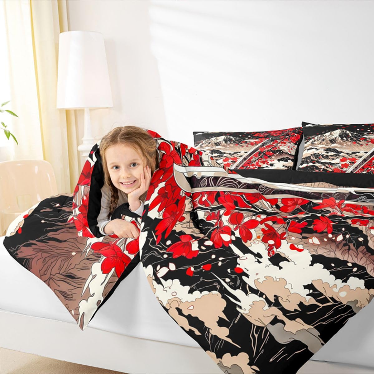 Erosebridal Japanese Style Comforter Set for Kids Boys Girls Red Japanese Cherry Blossoms Bedding Mount Fuji Duvet Set Romance Japan Comforter Full with 2 Pillowcases