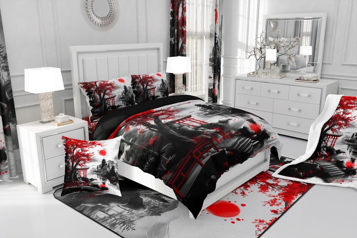 Feelyou Japanese Style Bedding Sheets Full Cherry Blossom Bed Sheet Set for Adult Kids Watercolor Fitted Sheet Natural Landscape Bed Cover 3Pcs,1 Fitted Sheet+2 Pillow Sham（No Flat Sheet）