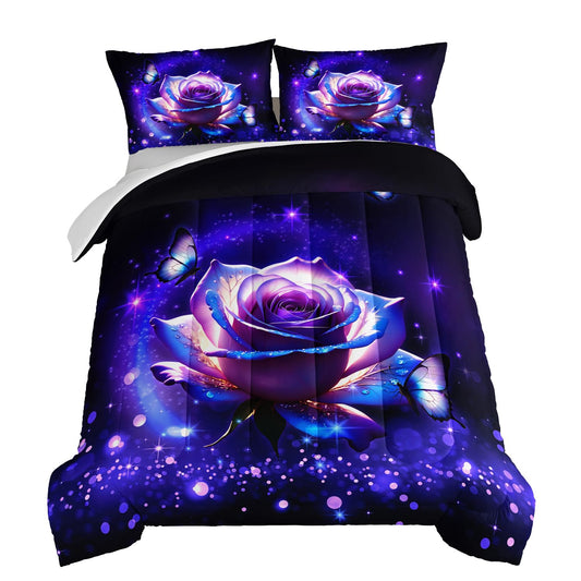 HOSIMA Rose Floral Comforter Set Queen Size,Romantic Rose Flower Bedding Set for Women Girls Room Decor,Flash Butterfly Printed Comforter Set Aesthetic Bedding with 2 Pillowcases.