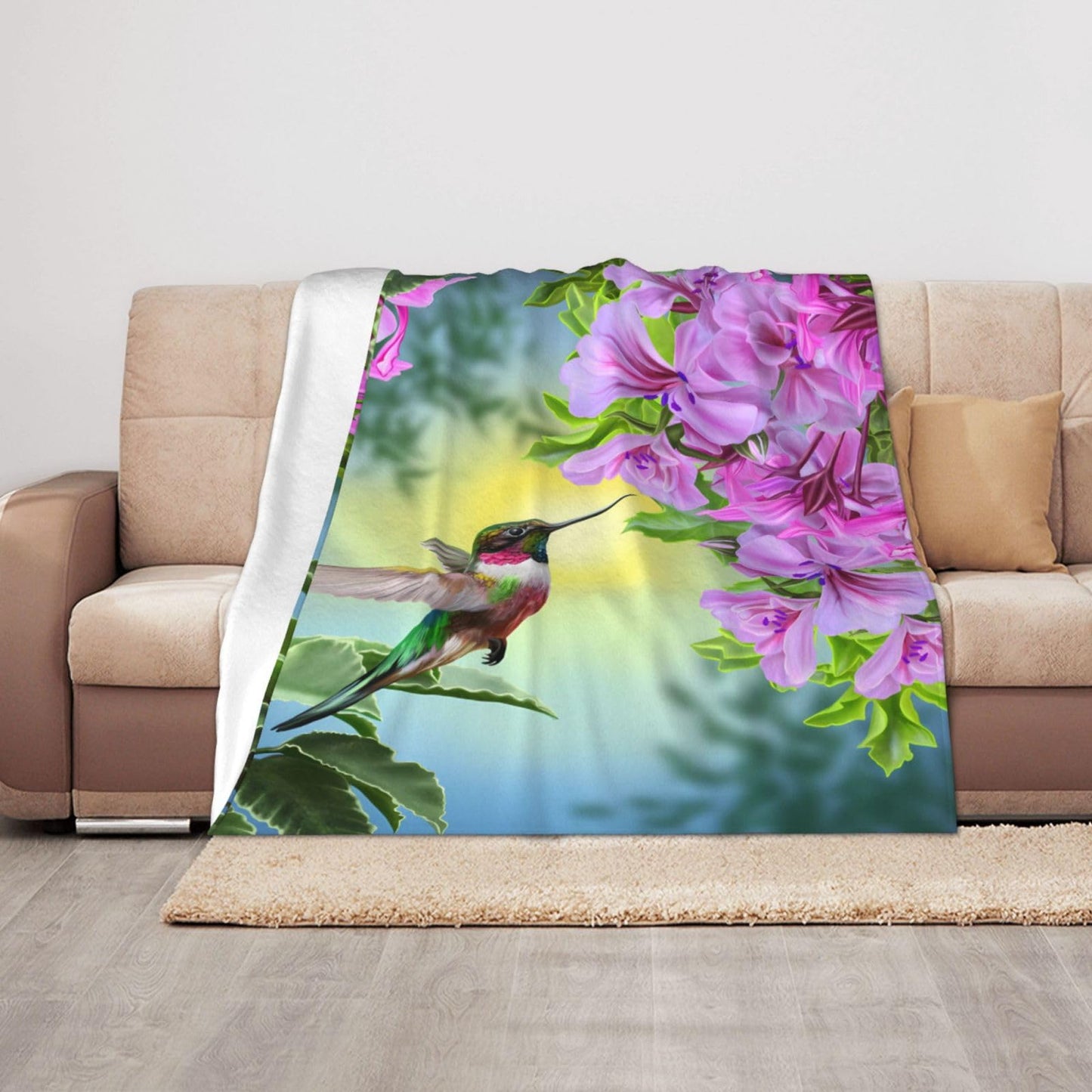 Jfniub Hummingbirds and Brilliant Flowers Nature Landscape Blanket Throw Bedding Room Decor Flannel Blankets for Bedroom Living Rooms Warm All Season 50"X40"