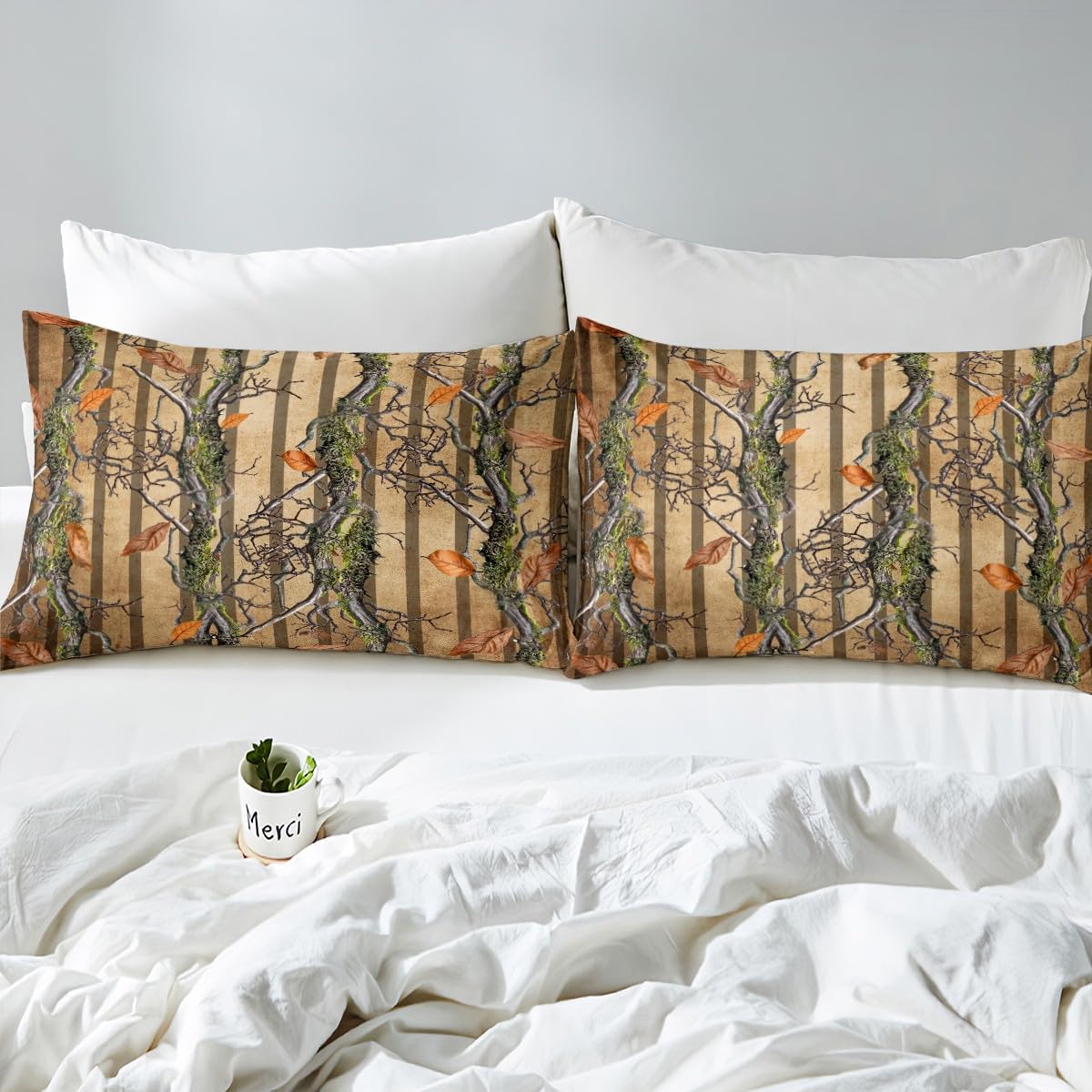 Tree Branches Kids Fitted Sheet Twin Size,Wild Jungle Botanical Leaves Rustic Bedding Set,Boys Girls Room Decor,Hunter Cabin Geometric Stripes Bed Cover,Brown Bed Sheet,1 Pillowcase(No Top Sheet)