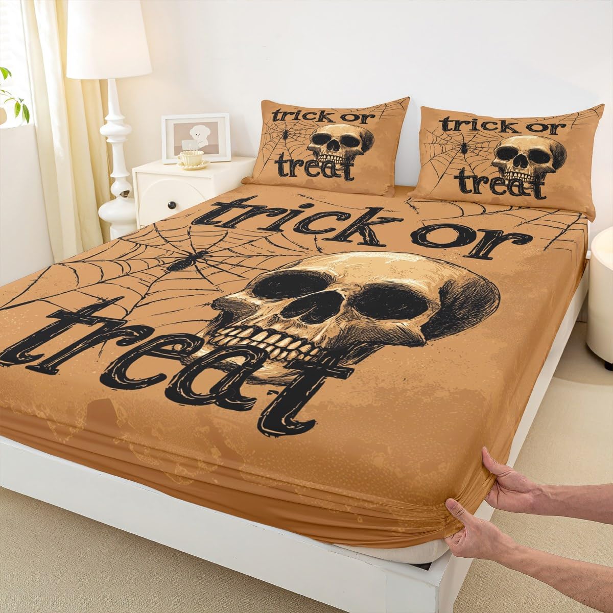 Feelyou Kids Halloween Bed Sheet Set Full Size, Trick or Treat Fitted Sheet Skull Decor Bedding Set Boys Girls Spider Web Teens Bedroom Decor Bed Set 3Pcs (No TOP Sheet)