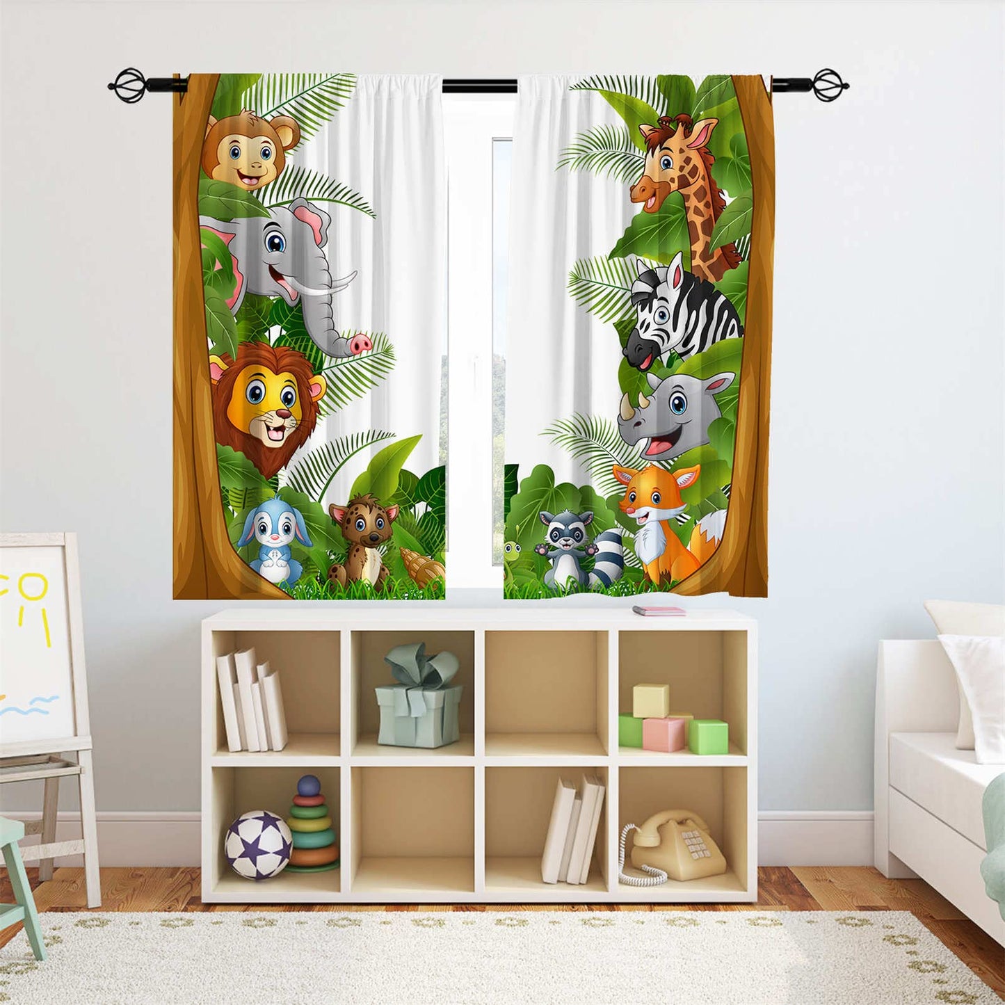 YUANZU Animal Curtains Rod Pocket Kids Boys Girls Forest Giraffe Lion Elephant Monkey Zebra Rhinoceros Jungle Zoo Print Pattern Window Drapes for Nursery Baby Bedroom Playroom W42 x L63 Inch 2 Panels