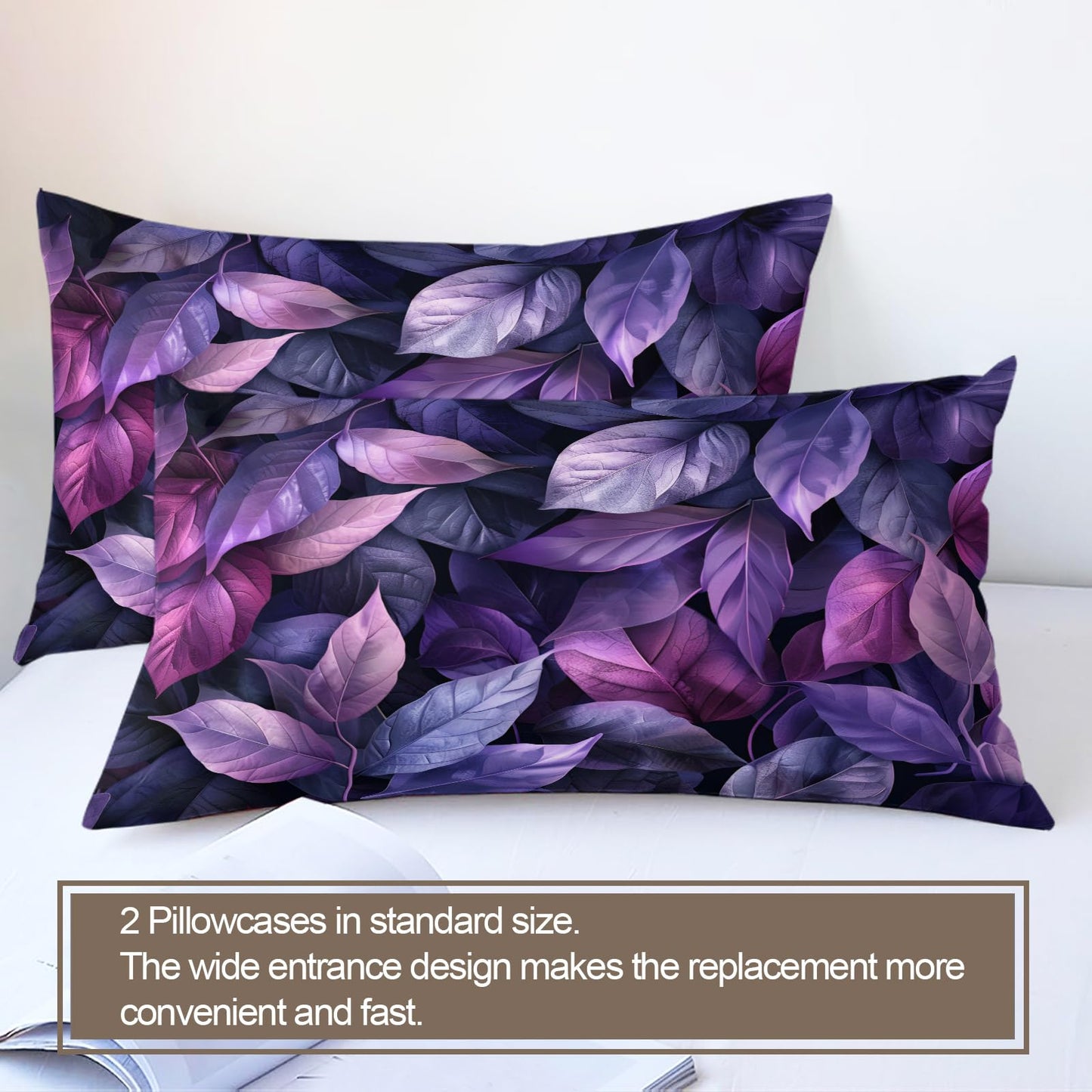 ZAMODE Leaf Duvet Cover Oversized King Size, Purple Leaves Comforter Cover 120" x 98", Dark Plants Bedding Set with 2 Pillowcases
