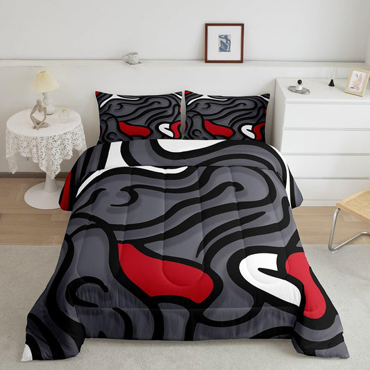 Feelyou Black Red Swirl Comforter Set Kids Abstract Comforter for Women Men Gray Trippy Geometric Bedding Set Breathable Quilted Room Decor Duvet Set Queen Size