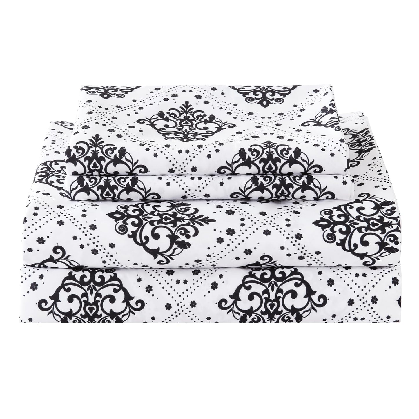 ChicView King Size Damask Printed Sheet Set,4 Pieces Boho Style Breathable Soft Microfiber Bedsheets, Anti Pilling Deep Pockets Easy Care Bed Sheets, Black