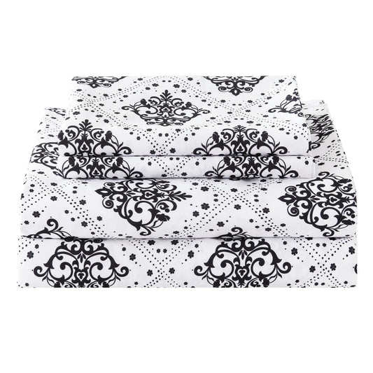 ChicView King Size Damask Printed Sheet Set,4 Pieces Boho Style Breathable Soft Microfiber Bedsheets, Anti Pilling Deep Pockets Easy Care Bed Sheets, Black