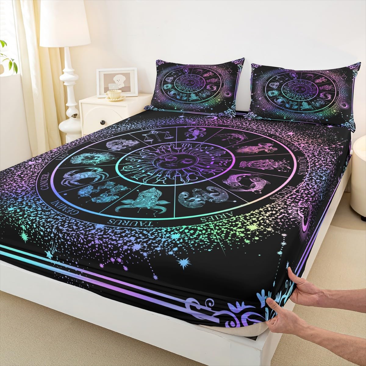 Sun Moon Bed Sheets Zodiac Astrology Bedding Set King Constellations Galaxy Sheet Set Spiritual Gifts for Girls Teens Women,Trippy Leo Aquarius Fitted Sheet Purple Blue Flat Sheet + 2 Pillow Cases