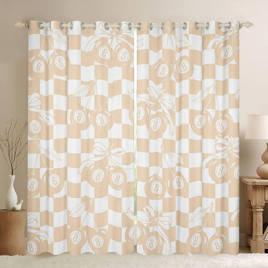 Erosebridal Lucky 8 Ball Window Curtains 42" Wx63 L Girly Fashion Y2K Blackout Curtains for Bedroom,Coquette Cherry Bow Window Treatments Preppy Beige Checkerboard Plaid Drapes Decor 2 Panels