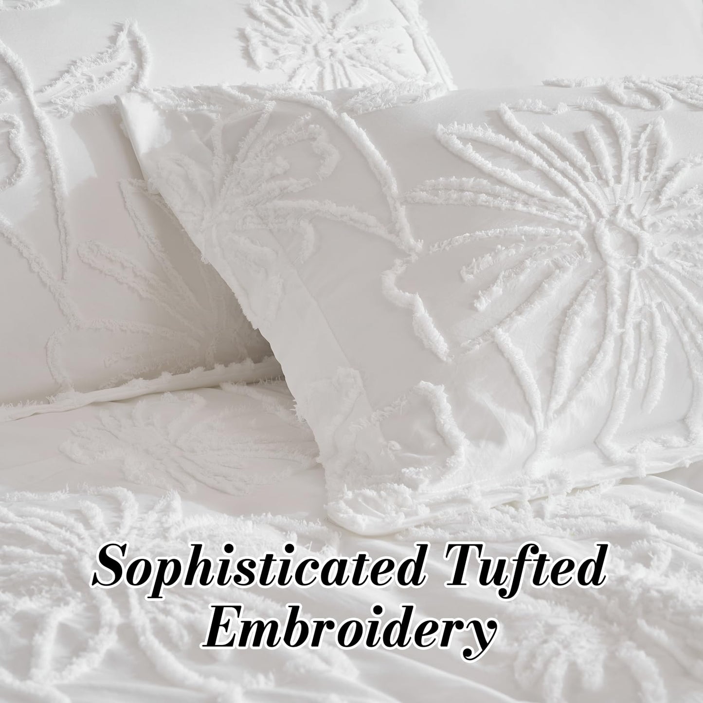 Jameswish 7 Pieces Flower Comforter Set for All Seasons White Floral Tufted Boho Bedding Set Queen Size Farmhouse Bed in A Bag as Gifts with Comforter Sheets Pillowcases Shams