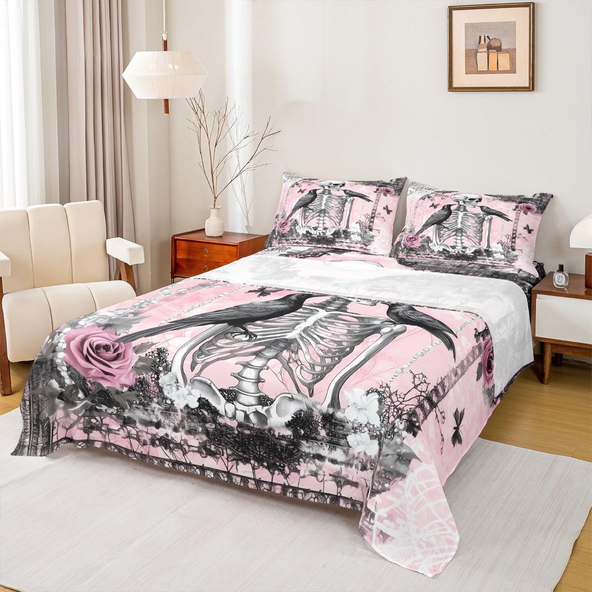 Erosebridal Gothic Crow Bed Sheets Set Full Raven Bird Flat Fitted Sheet Skull Skeleton Bones Bed Set for Kids Adult Women Men Bedroom Decor,Pink Halloween Horror Bedding Sets with 2 Pillow Cases