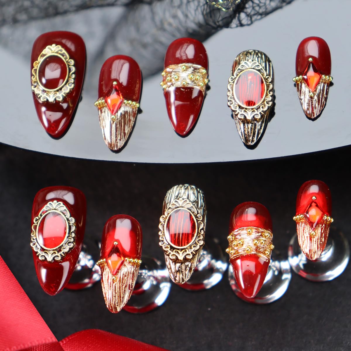 Red Press on Nails Retro Nail Art with Diamond Design Handmade Nails Press ons Gold Fake Nails Medium Almond Glue on Nail Reusable French Tip Stick on Nail for Women Girls Gorgeous Manicure (L)