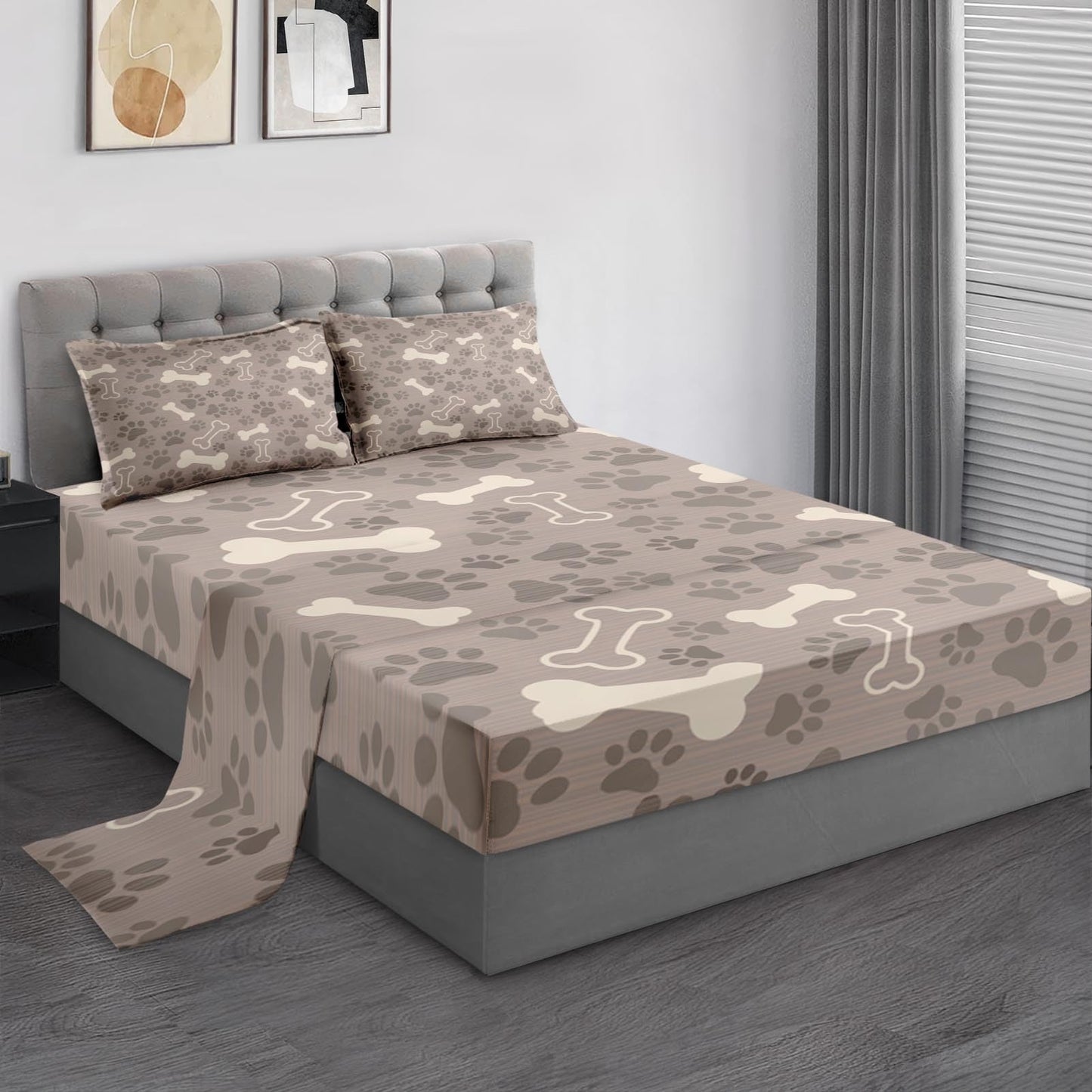 Pamnest Queen Size Bed Sheet Sets, Cute Dog Paw Animal Soft Microfiber 4 Pcs Bedding Sets for Kids and Adults Bedroom Bed Decor, Pet Puppy Bone Flat, Fitted Sheet and 2 Pillowcases