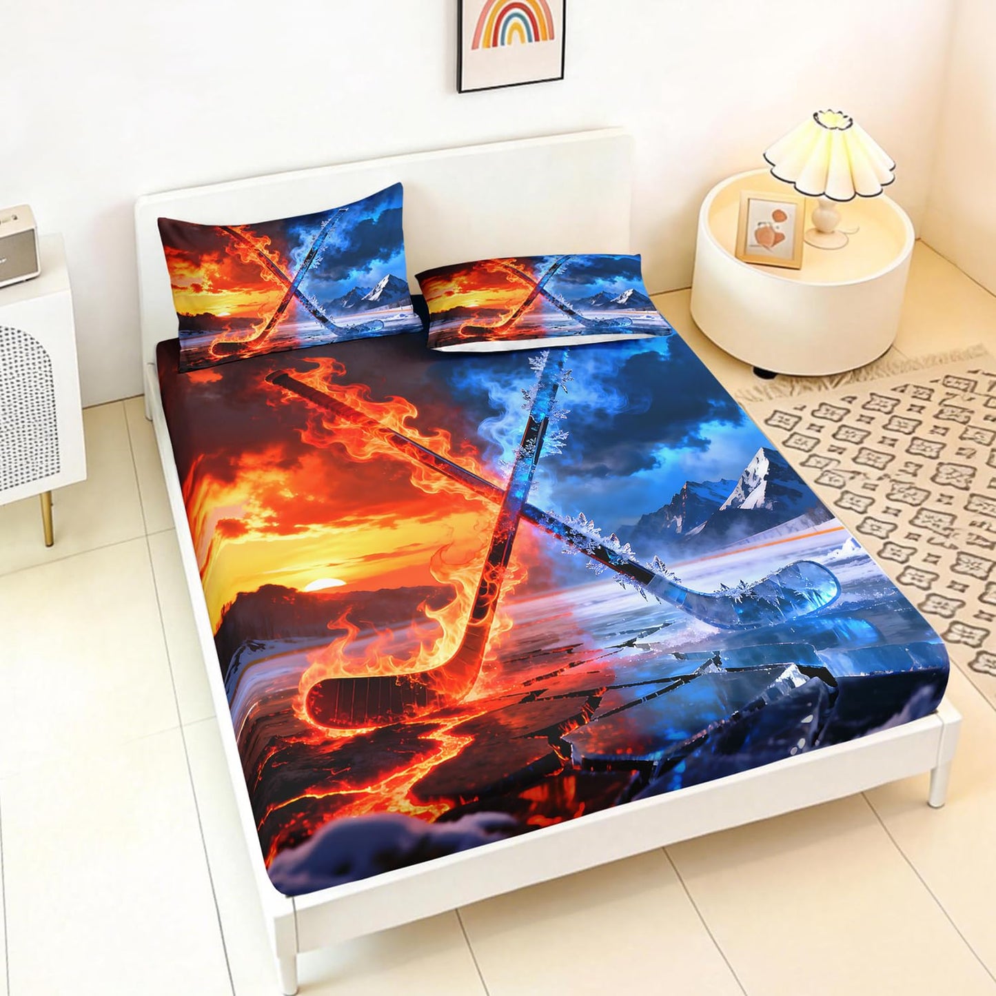 HOSIMA Hockey Bedding Queen for Kids,Hockey Stick Wrapped in Ice and Flame,Different Background Pattern Sports Fitted Sheet for Boys Room Decor,1 Fitted Sheet+2 Pillowcases.