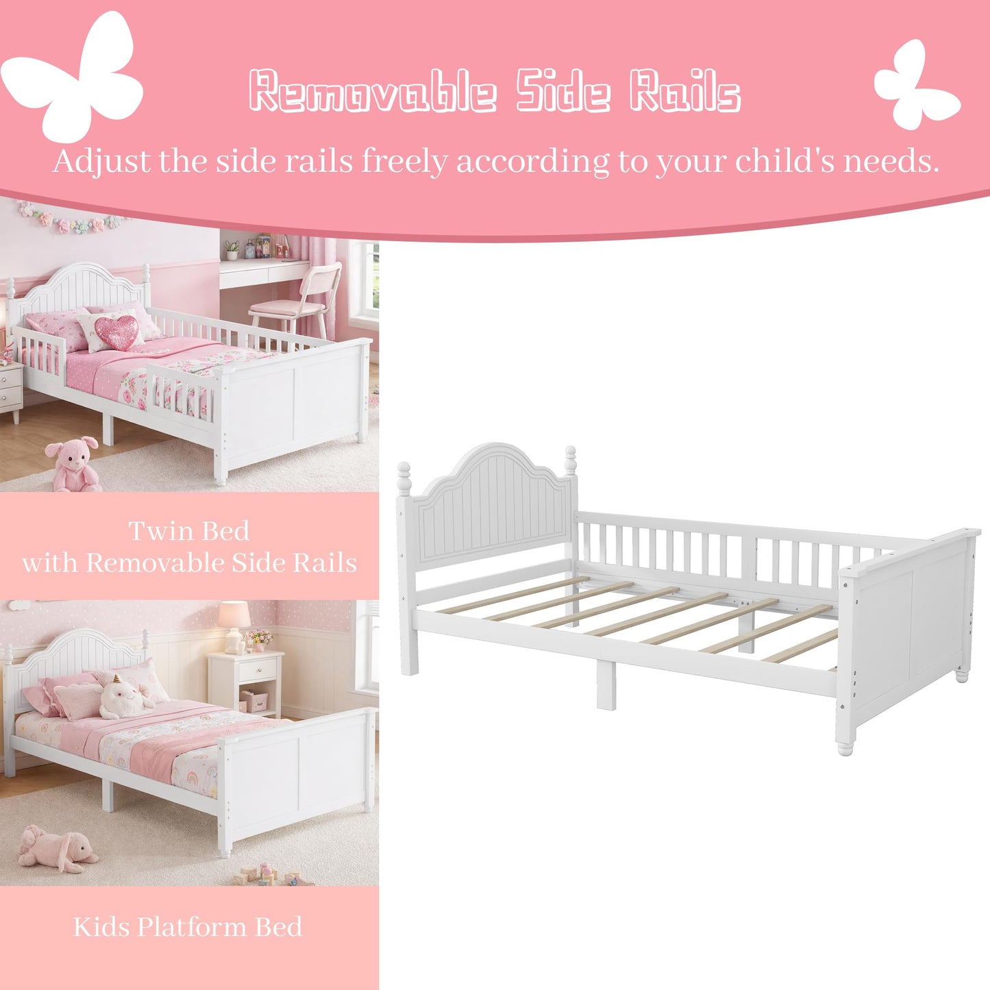 OYUMOENTS Twin Bed with Rails, Low Profile Twin Bed Frame with Rails & Headboard, Wood Kids Platform Beds with Footboard for Boys & Gilrs, No Spring Box Required, No Squeaks, White