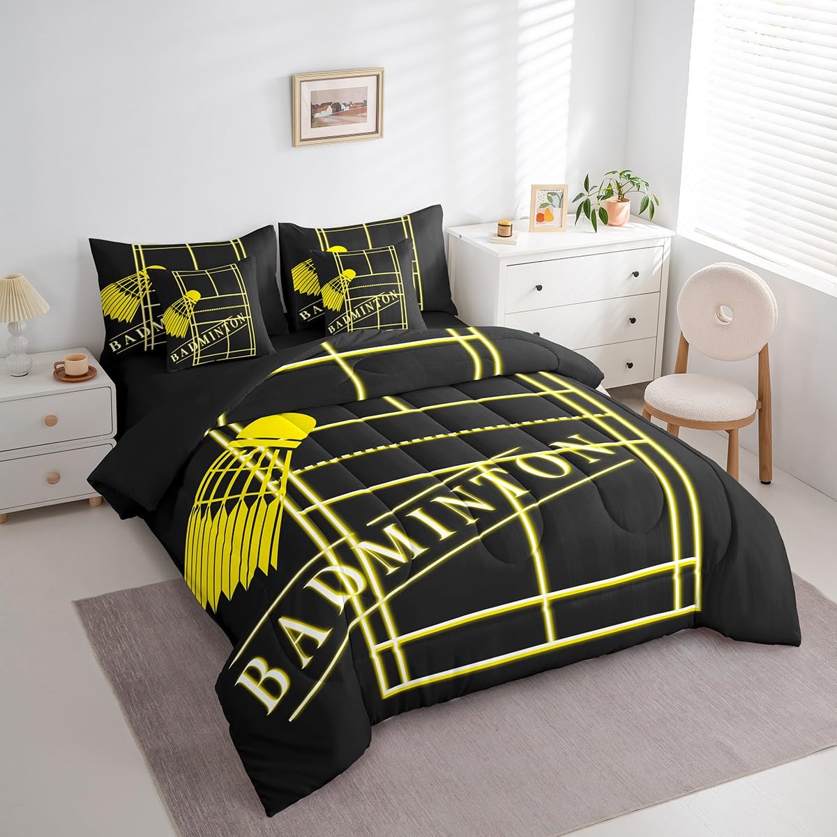 Sport Full Comforter Set 7 Pieces Badminton Bedding Comforter Sets for Boys, Black Yellow Bed in a Bag Gold Gradient Neon Bedding Set, Sports Themed Bed Sheets Set Breathable (Black Reversible)