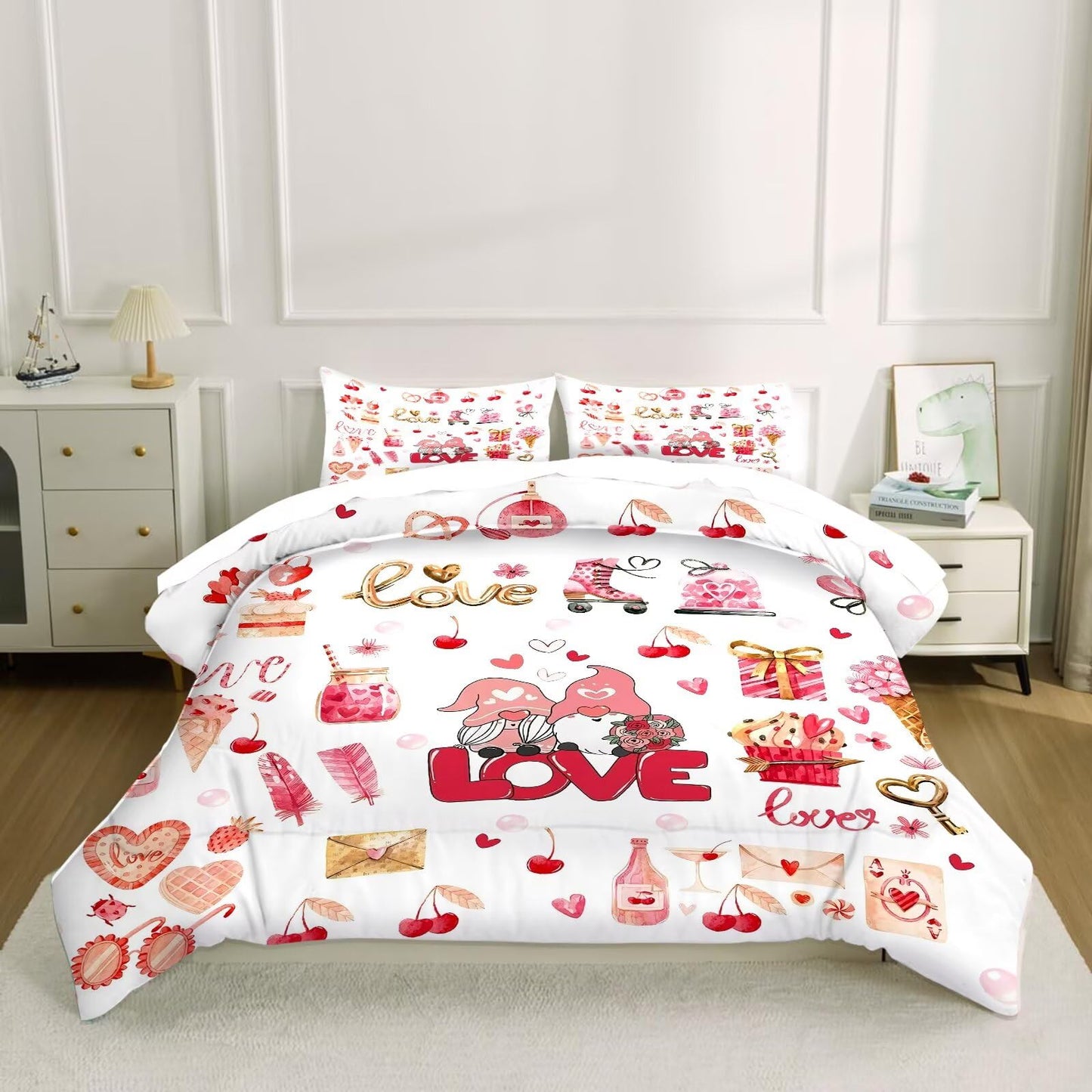 kxry Lightweight Love Comforter Sets Valentines Day Romantic King Size Bedding Set 3 Pcs with 1 Comforter and 2 Pillowcases Soft Kawaii Cartoon Comforter Heart Soft Warm Quilt
